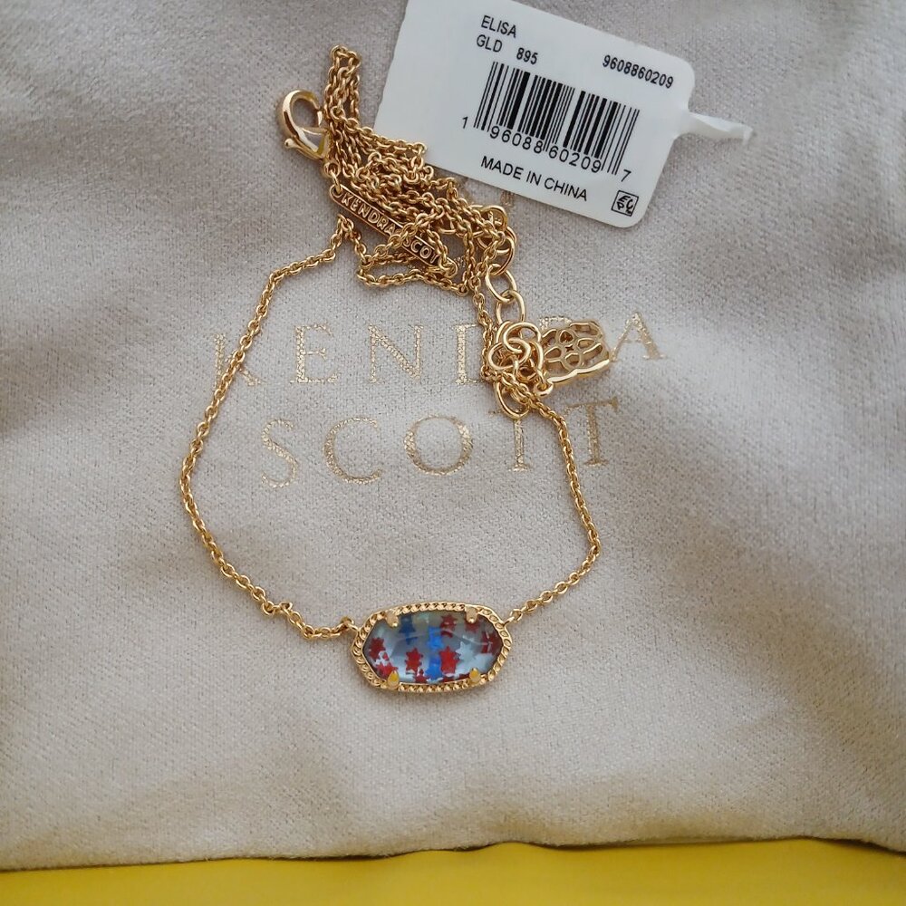 Kendra Scott Elisa Red White Blue Illusion Stars Gold Pendant Necklace